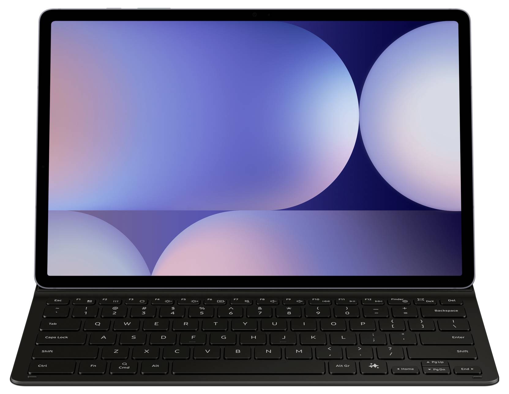 Ein Tablet mit angeschlossener Tastatur, das einen Bildschirm mit abstrakten, überlappenden kreisförmigen Formen in einem Farbverlauf von Blau und Rosa zeigt.