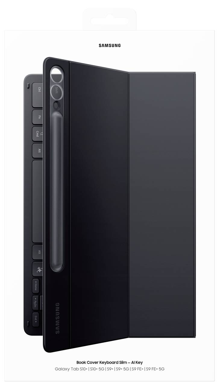 Samsung Book Cover Keyboard Slim für die Galaxy Tab S9-Serie, geöffnet dargestellt mit Stylus-Halterung, wobei das elegante schwarze Design hervorgehoben wird.