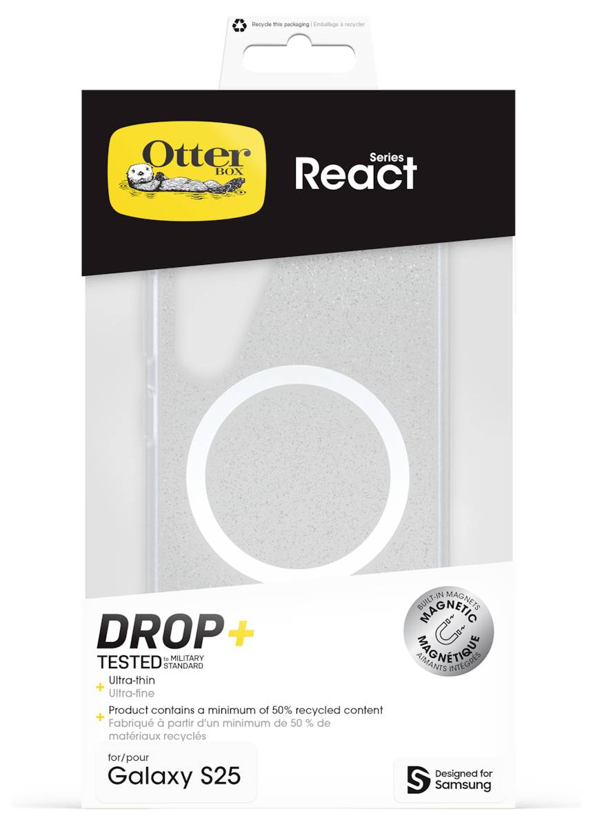 OtterBox React Series Hülle für Galaxy S25, mit DROP+ Schutz und magnetischer Kompatibilität. Enthält 50% recyceltes Material.
