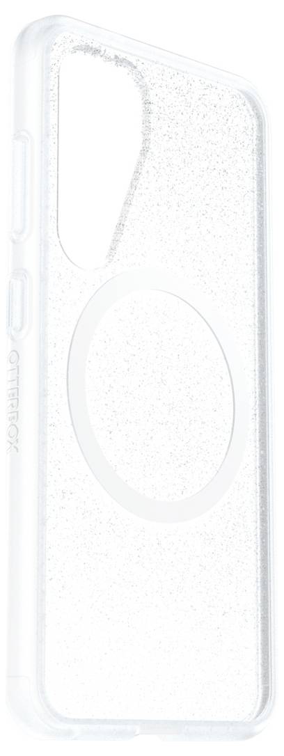 Eine transparente Handyhülle mit Glitzerdetails, speziell für ein bestimmtes Phonemodell entwickelt, mit einer kreisförmigen Aussparung für die Kamera.