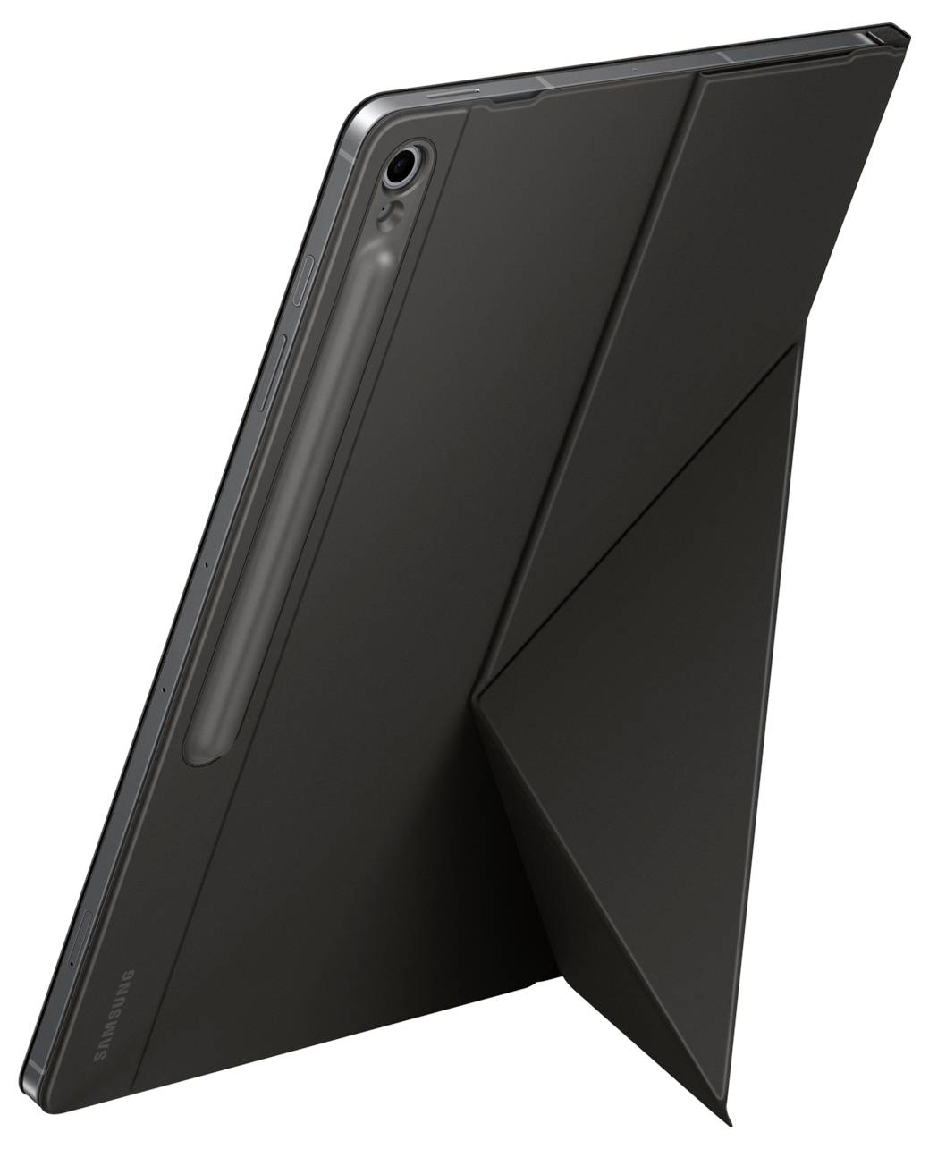 Ein schlankes, schwarzes Tablet wird gezeigt, mit einem dünnen, eckigen Gehäuse, das zu einem Ständer gefaltet ist, von der Seite und von hinten betrachtet, wobei sein modernes Design betont wird.