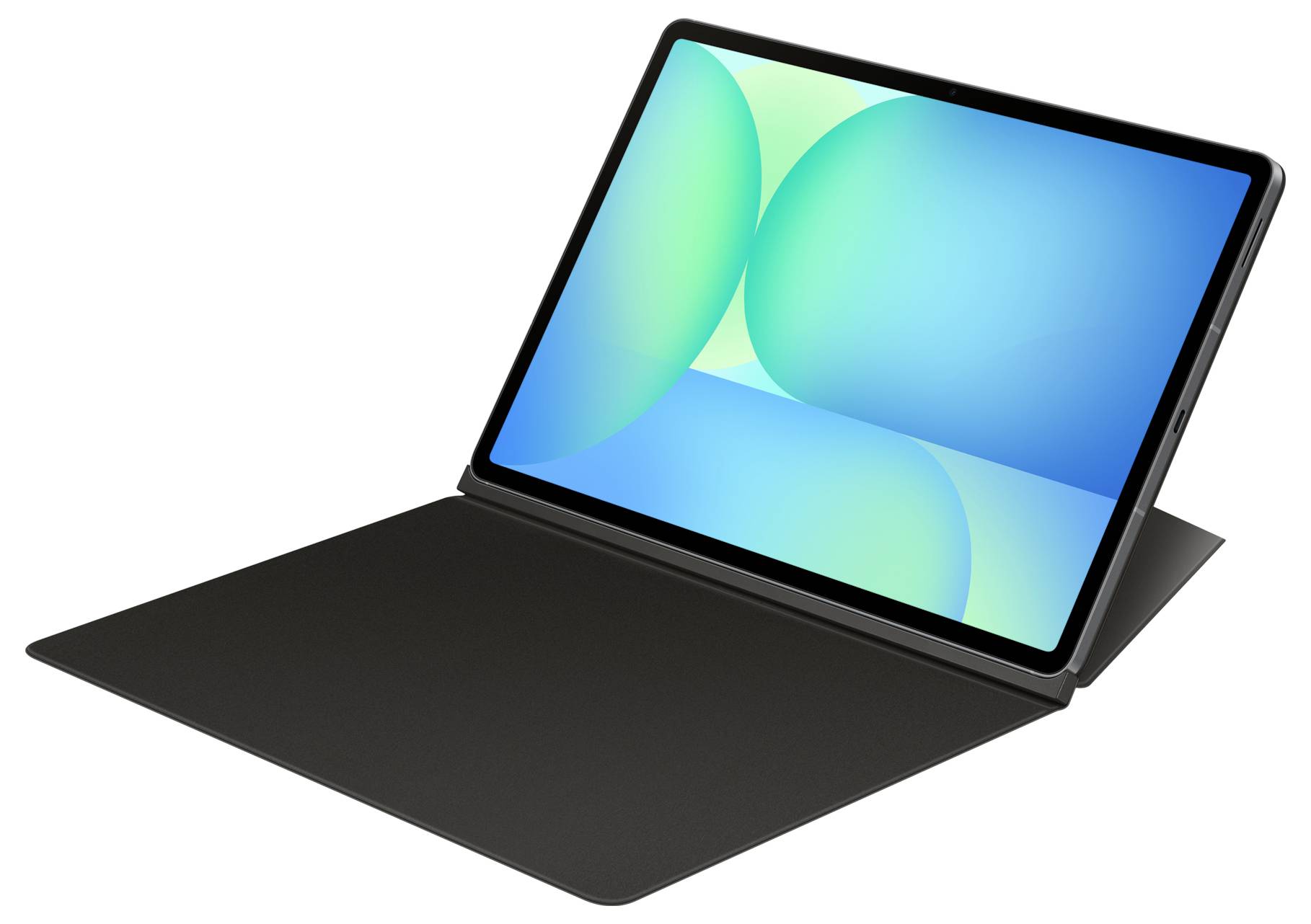 Ein schlankes Tablet mit einer Tastaturabdeckung, auf dessen Bildschirm ein lebendiges abstraktes Kunstdesign zu sehen ist. Das Gerät ist leicht nach rechts geneigt.