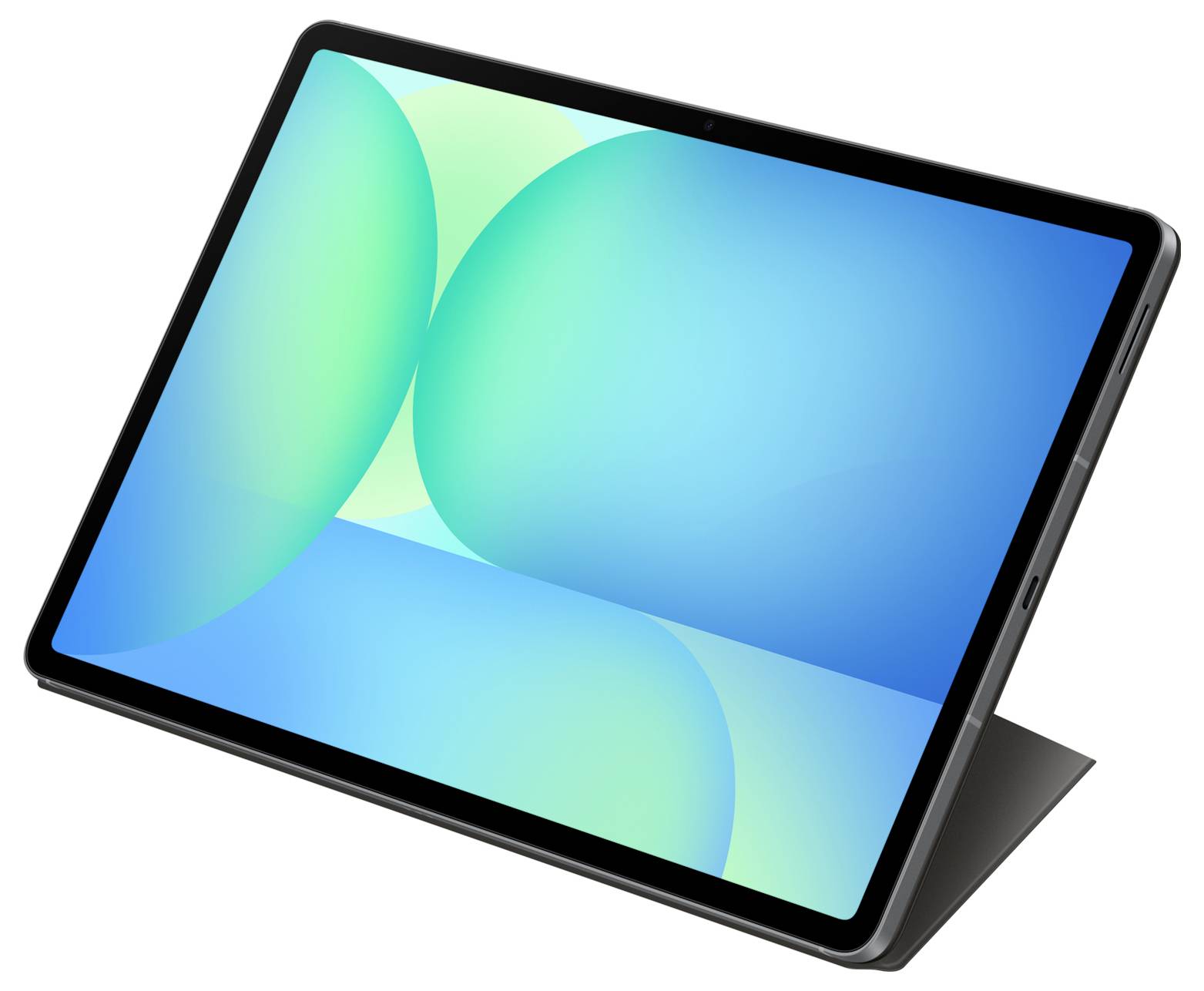 Ein schlankes Tablet mit einem lebhaften blau-grünen abstrakten Design auf dem Bildschirm, auf einem schwarzen Ständer platziert, von der Seite betrachtet.