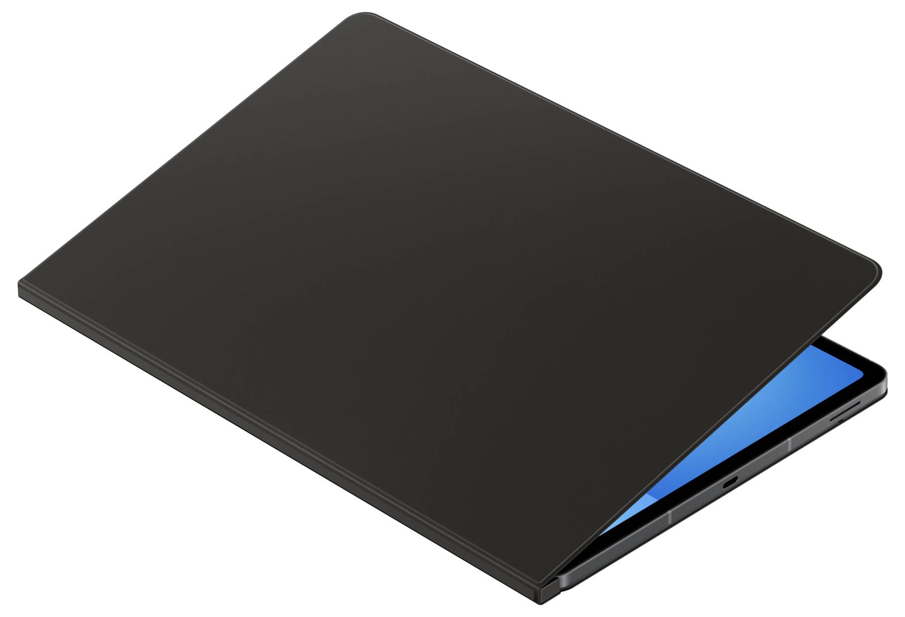 Ein schlanker, halb geöffneter schwarzer Laptop mit blauem Bildschirm, von oben betrachtet, der sein elegantes Design betont.