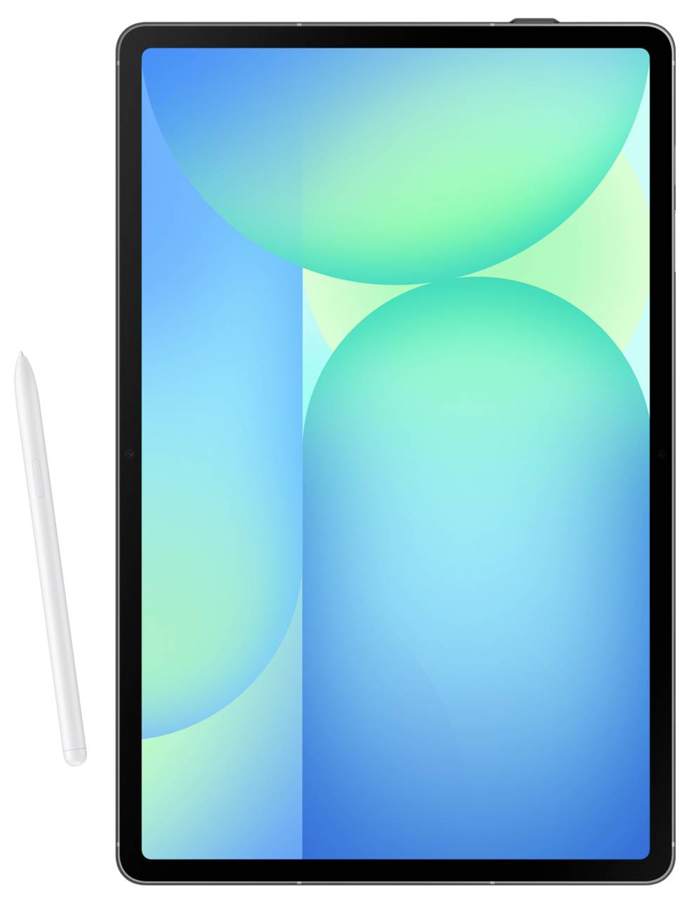 Bild eines Tablets mit einem Stylus auf der linken Seite. Der Bildschirm des Tablets zeigt abstrakte blaue und grüne Formen.