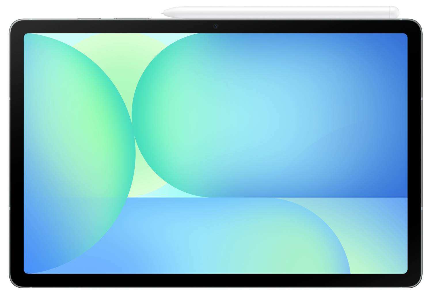 Eine digitale Tablette mit einem Stylus an der Spitze, die einen blau-grünen abstrakten Hintergrund auf dem Bildschirm zeigt.