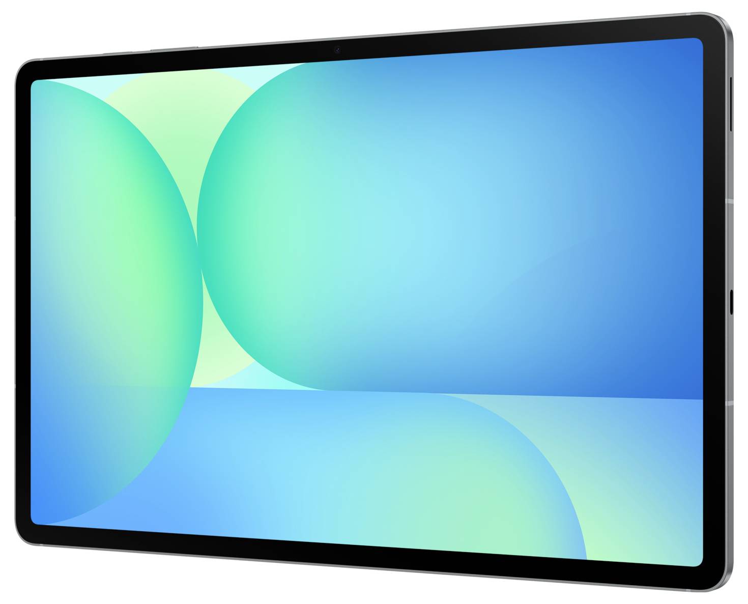 Ein schlankes, dünnes Tablet mit einem leuchtenden Bildschirm, der abstrakte grüne und blaue Kreisdesigns auf einem blauen Verlaufshintergrund zeigt.