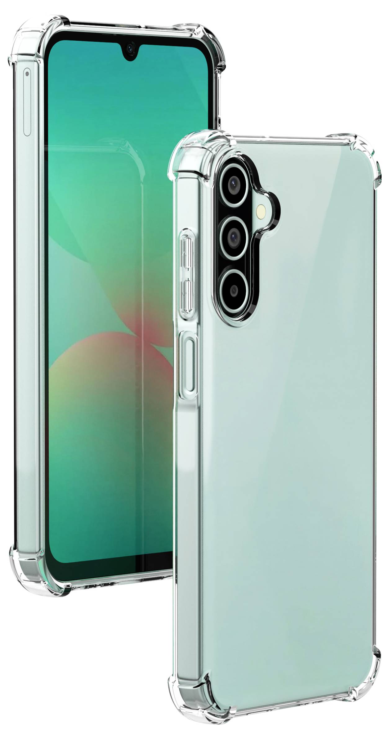 Zwei Smartphones mit türkisfarbenen Rückseiten und transparenten Schutzhüllen, die den dreifachen Kameraaufbau und die seitlichen Tasten präsentieren.