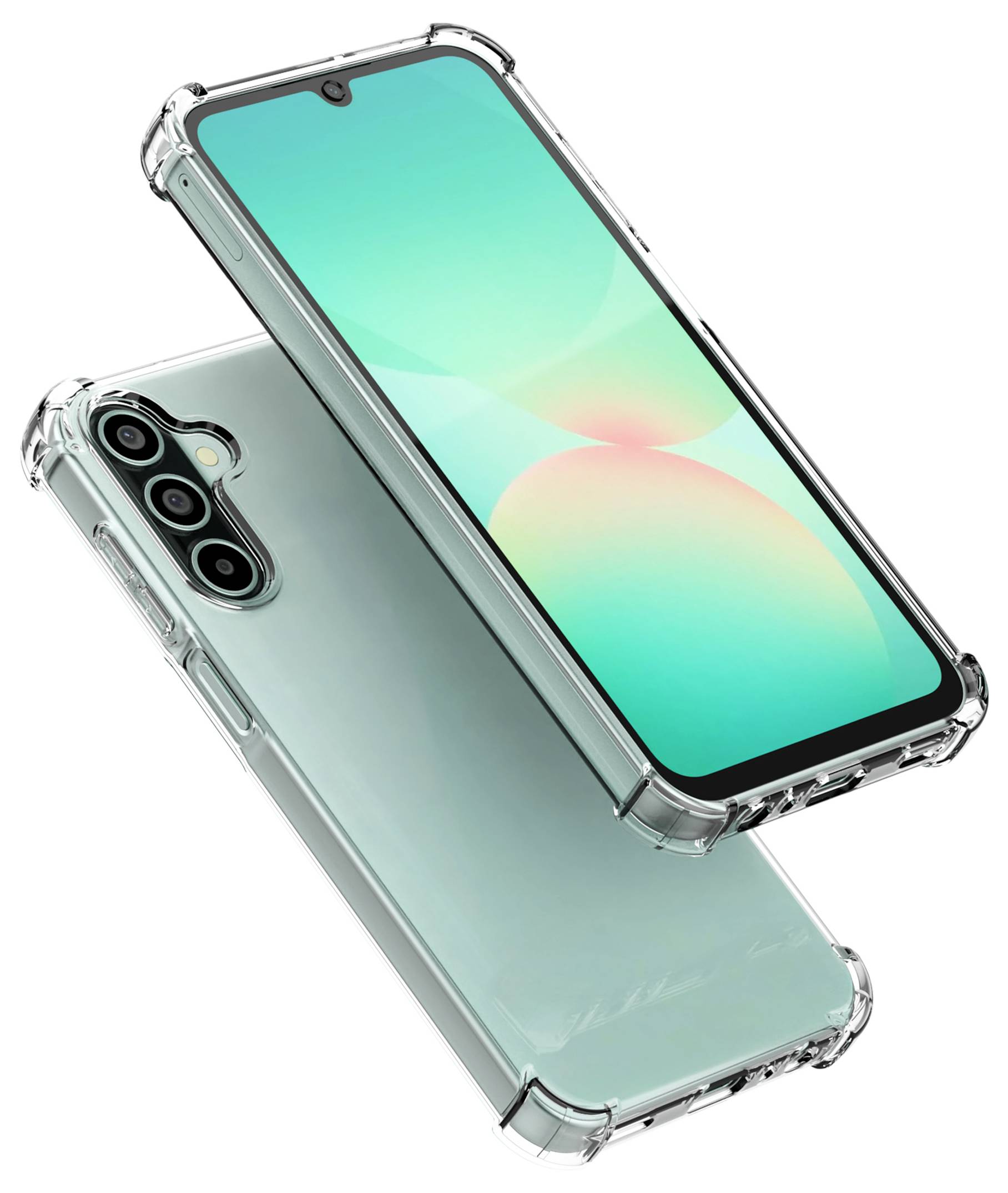 Transparente Handyhülle, die Vorder- und Rückansicht eines Smartphones zeigt und dabei Design von Kamera und Bildschirm hervorhebt.