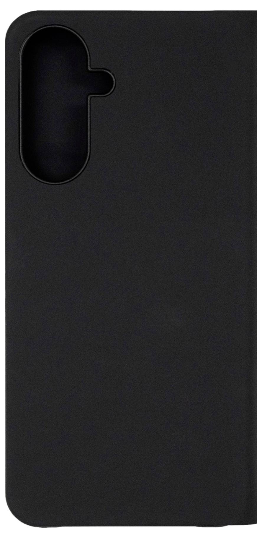 Schwarze Smartphone-Hülle mit einem länglichen vertikalen Ausschnitt für die Kamera in der oberen linken Ecke.