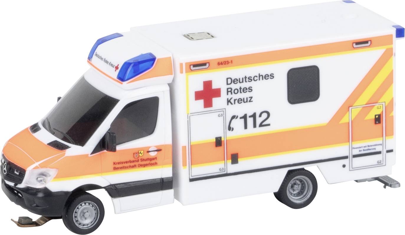 Krankenwagen mit Aufschrift 'Deutsches Rotes Kreuz' und der Notrufnummer 112, steht bereit für Notfalleinsätze.