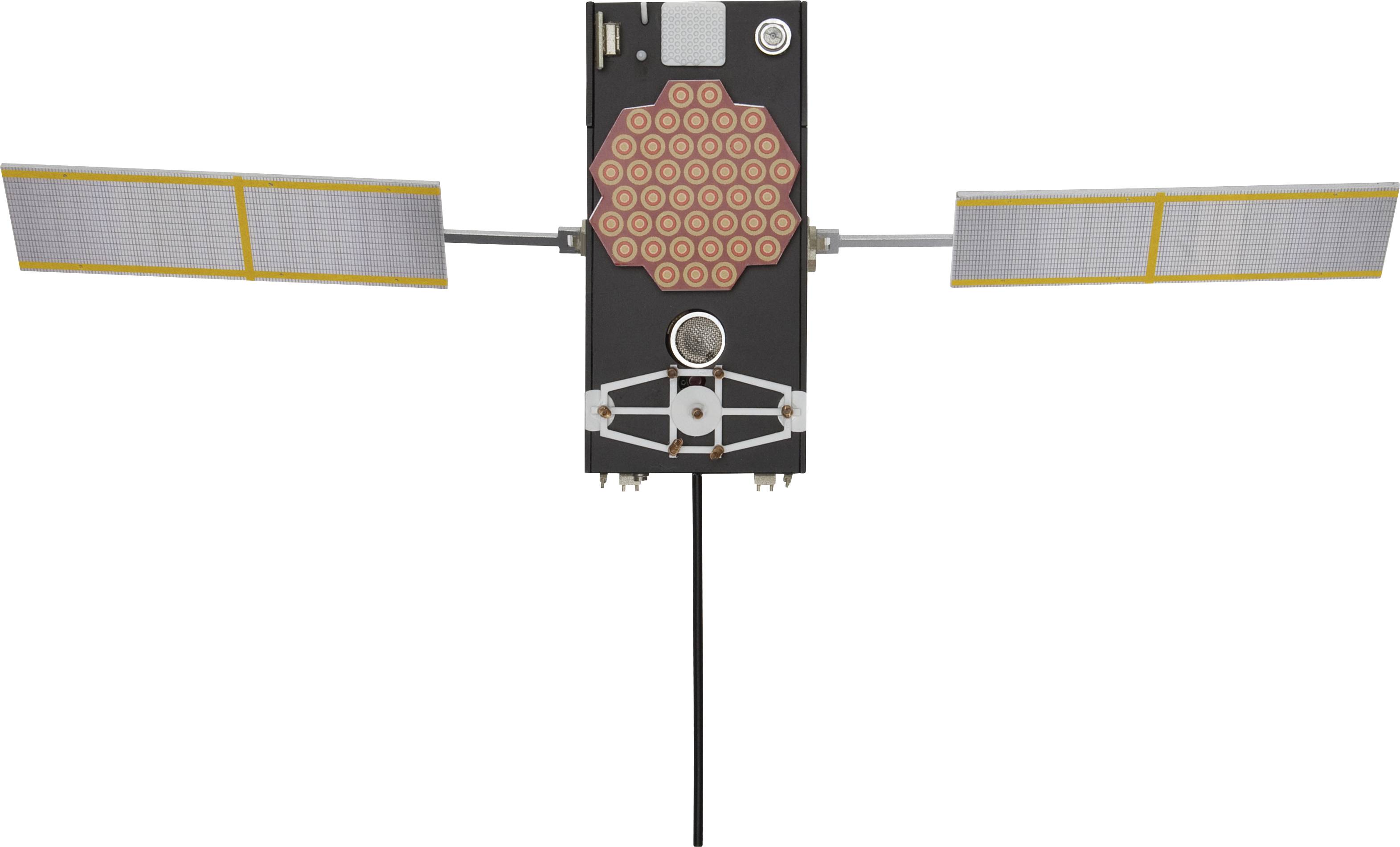 Ein Satellit mit zwei langen, rechteckigen Solarzellen und einem zentralen Gehäuse mit mehreren runden Modulen.