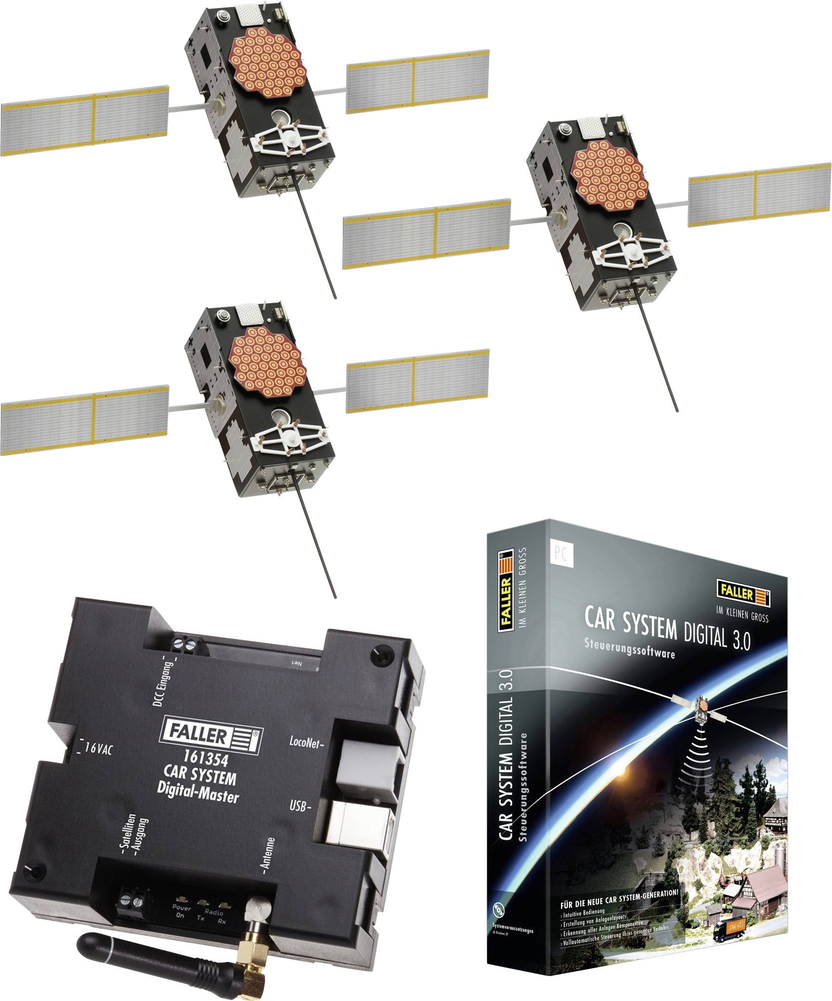 Vier Satelliten umkreisen die Erde. Darunter eine Steuerzentrale und die Verpackung für das Car System Digital 3.0 von Faller.