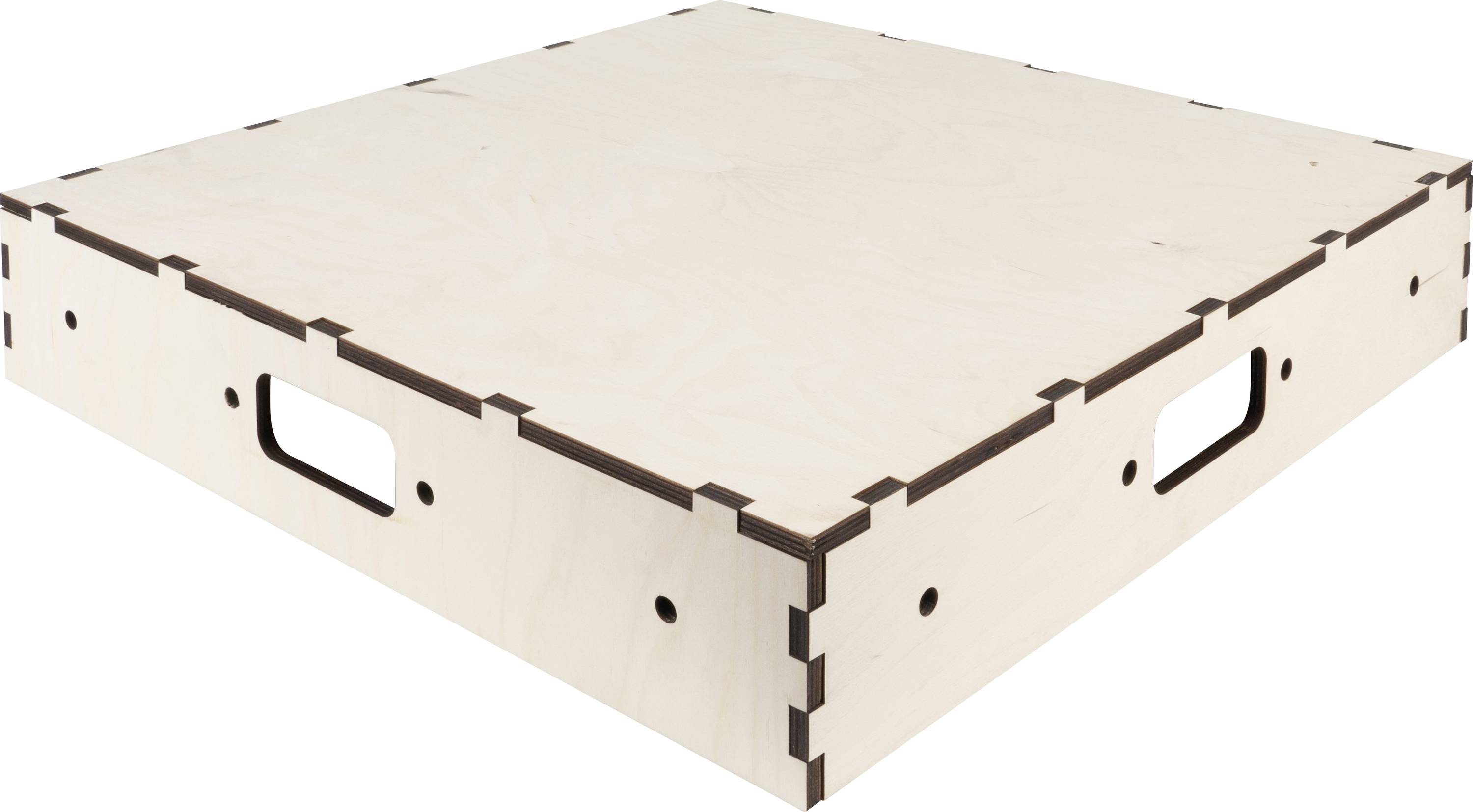 Flache, quadratische Holzkiste mit Griffen an den Seiten, aus hellem Sperrholz gefertigt, für Lagerung oder Versand geeignet.