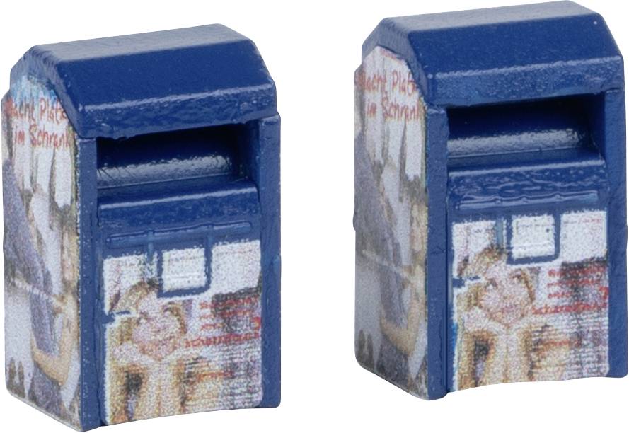 Zwei kleine blaue Postbriefkästen mit Bildern und Text, dekorativ bemalt.