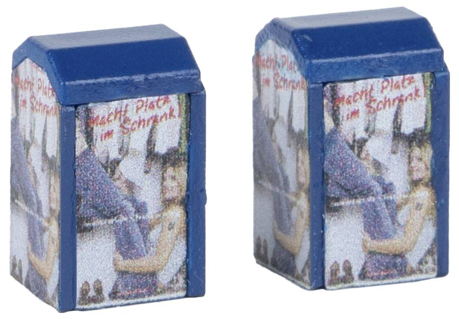 Zwei kleine blaue Mülltonnen mit Bildern von strahlenden Personen und dem Text 'Macht Platz im Schrank!'.