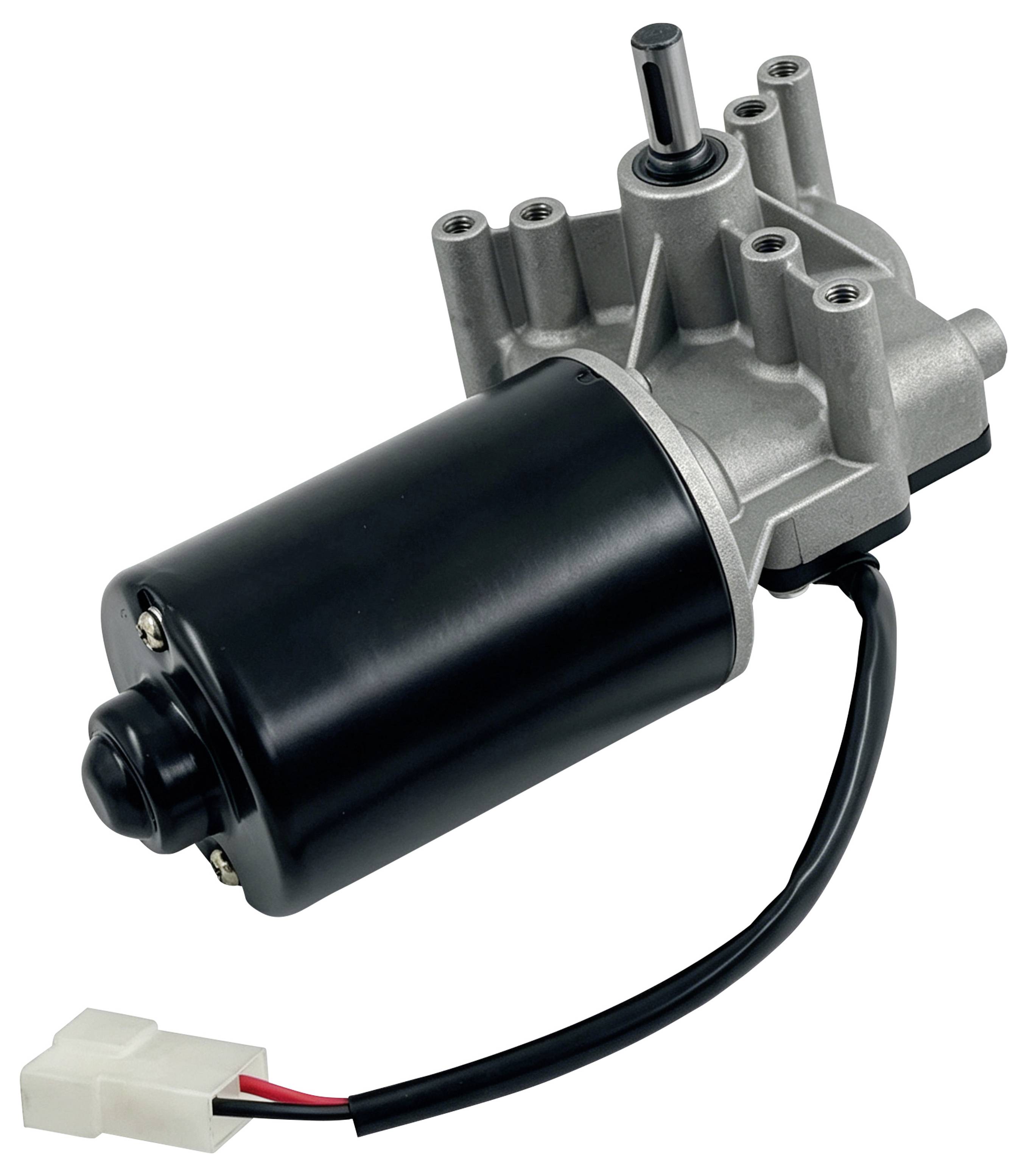 Kleiner Elektromotor mit angeflanschtem Getriebe und Kabelbaum, dargestellt auf weißem Hintergrund.