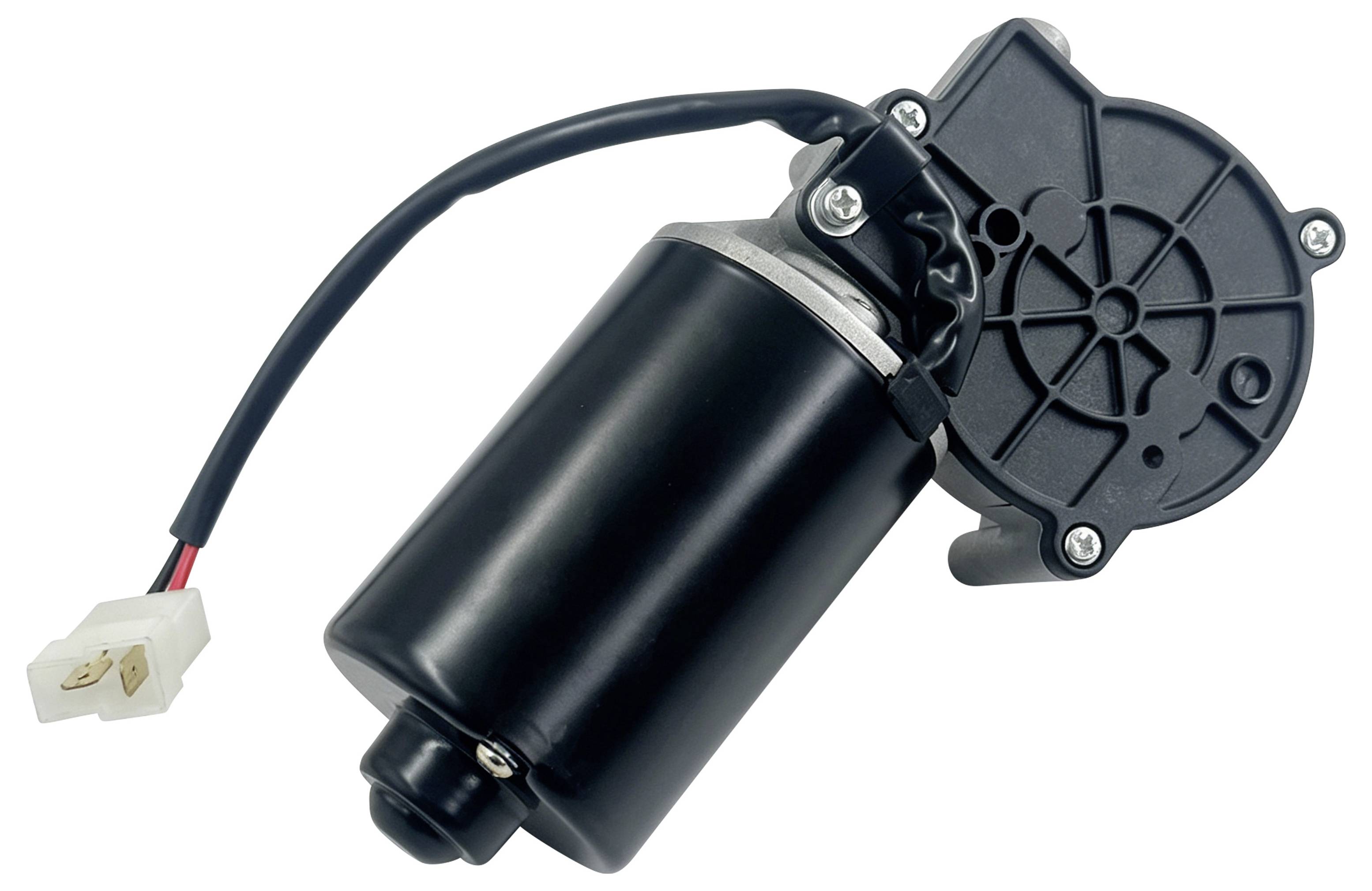 Schwarzer Elektromotor mit angebrachtem Montagegehäuse und Stromkabel, das in einem weißen Stecker auf weißem Hintergrund endet.