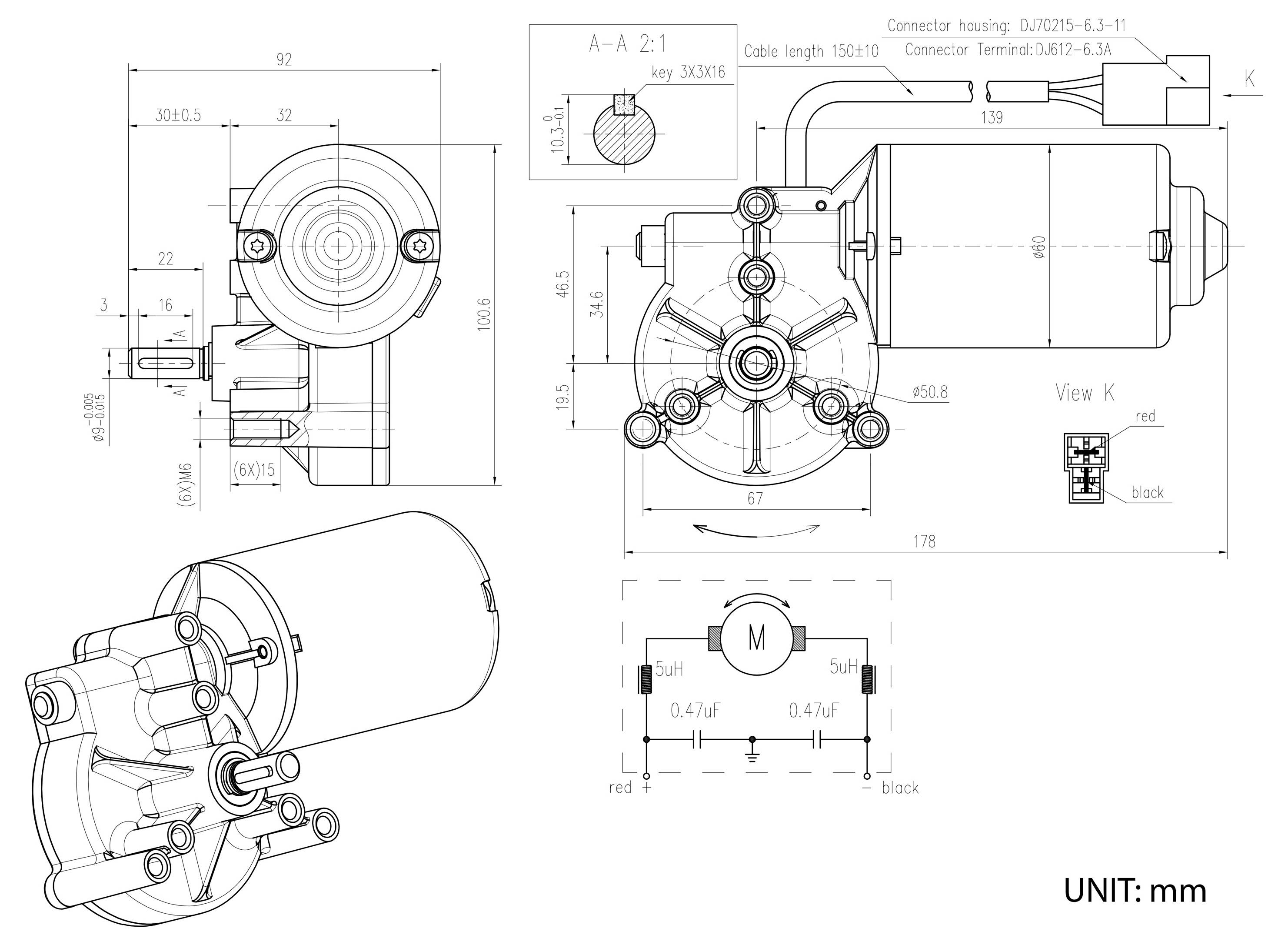 Technische Zeichnung einer Elektromotor-/Getriebeeinheit mit Vorder-, Seiten-, isometrischer, Schnitt A-A und Schaltplanansichten; Abmessungen in mm.
