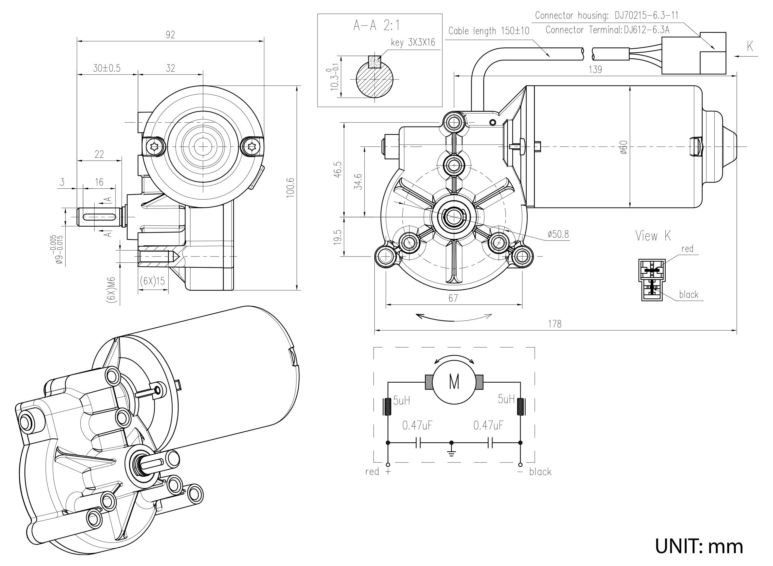 Technische Zeichnung einer Elektromotor- und Getriebebaugruppe mit Vorder-, Seitenansicht und 3D-Ansichten, Bemaßungslinien in mm und einem kleinen Schaltschema mit roten und schwarzen Leitern.