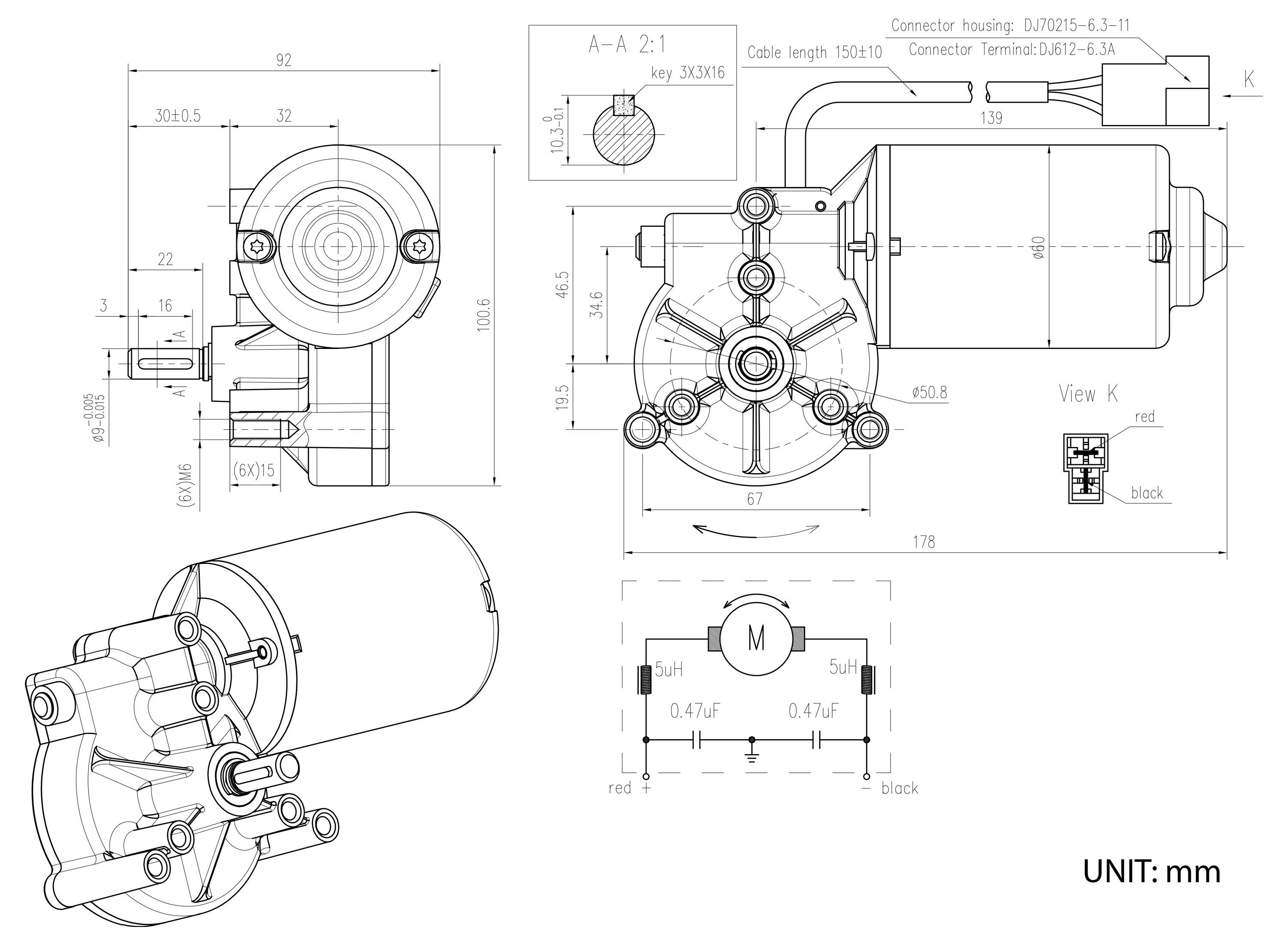 Technische Zeichnung einer motorisierten Getriebebaugruppe mit Vorder-, Seiten-, isometrischer und Verdrahtungsansicht, mit Abmessungen in Millimetern und Kabel-/Stecker-Details.