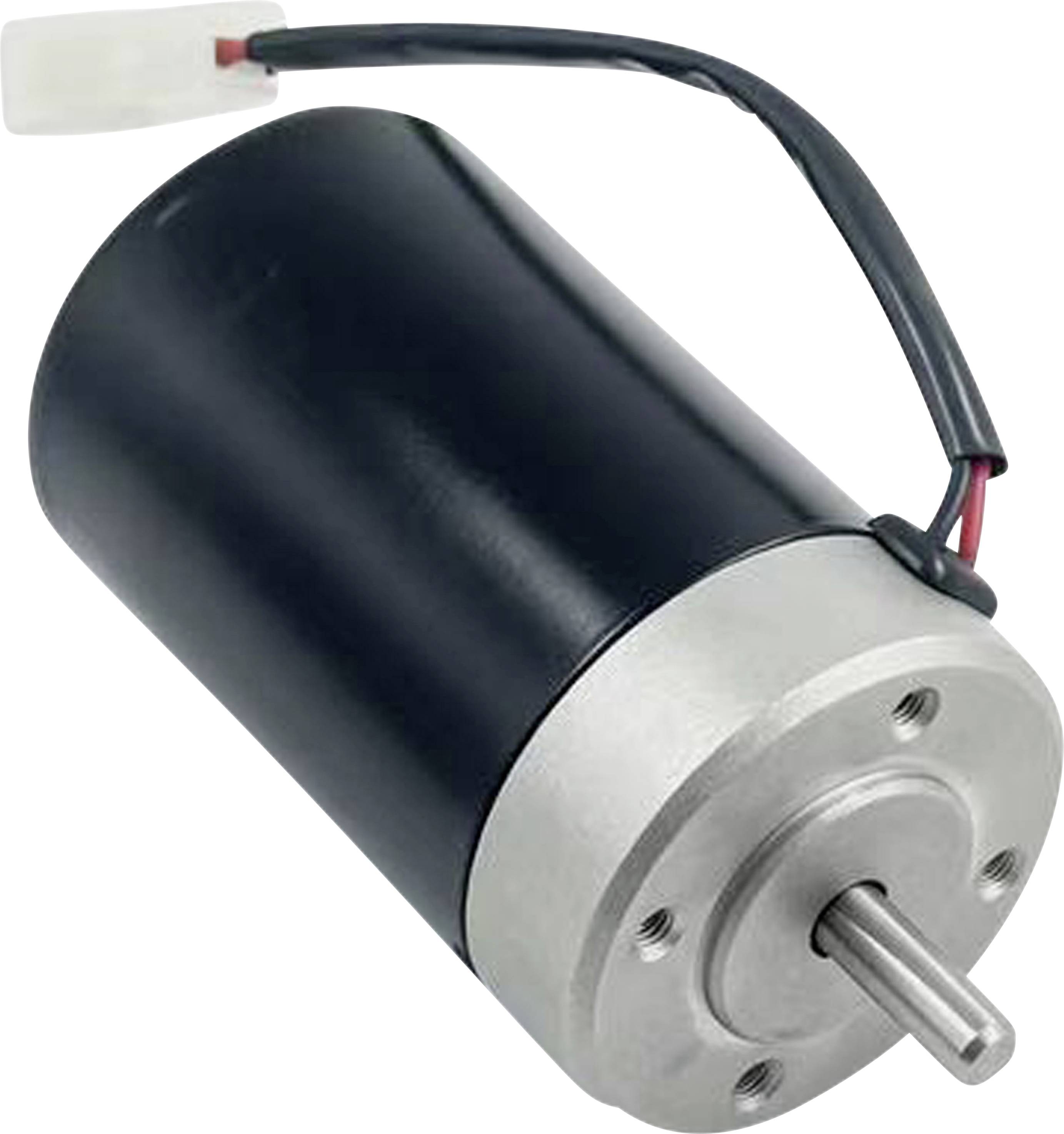 Kleiner Elektromotor mit zylindrischem schwarzem Gehäuse, silberner Fronthalterung, hervorstehendem Schaft und angebrachten roten und schwarzen Drähten mit Stecker.