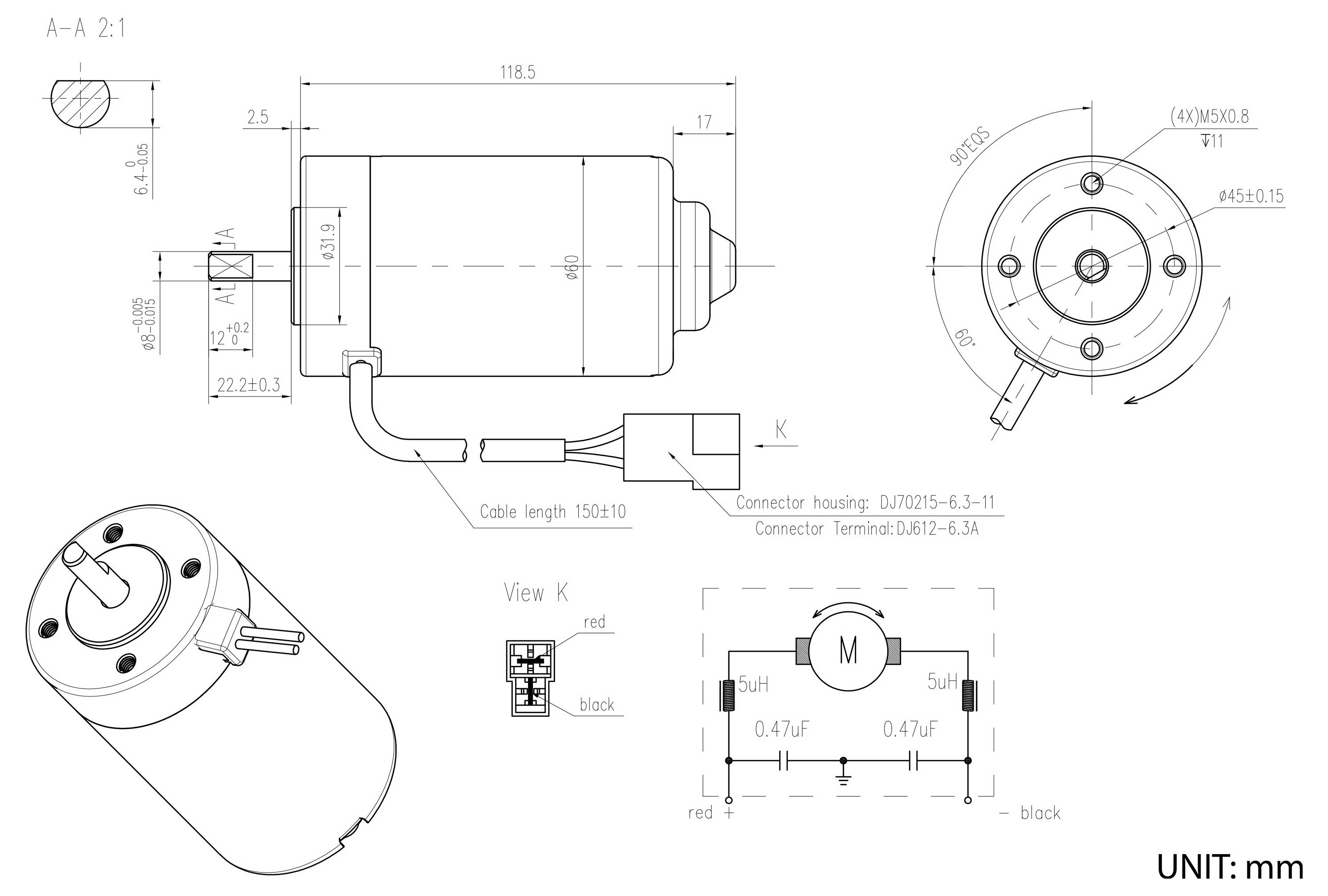 Technische Zeichnung eines kleinen zylindrischen Gleichstrommotors mit Welle, Befestigungslöchern, Kabelanschlüssen, Stecker und Abmessungen in Millimetern; enthält Schaltschema und 3D-Ansicht.