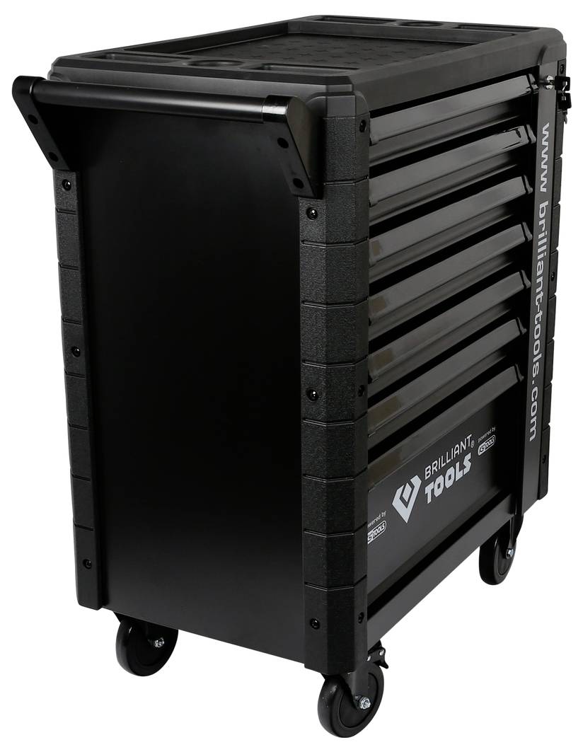 Schwarzer Werkstattwagen mit mehreren Schubladen, auf Rädern beweglich, mit der Aufschrift 'Brilliant Tools' an der Seite.