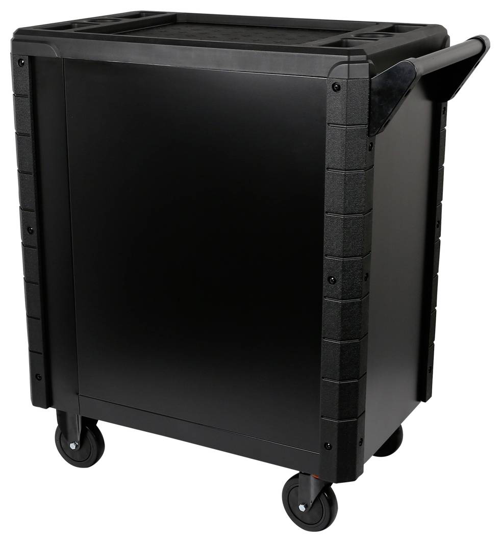 Ein großer, schwarzer Transportwagen mit vier Rädern und Griffen an beiden Seiten, geeignet für den Transport von schweren Gegenständen.