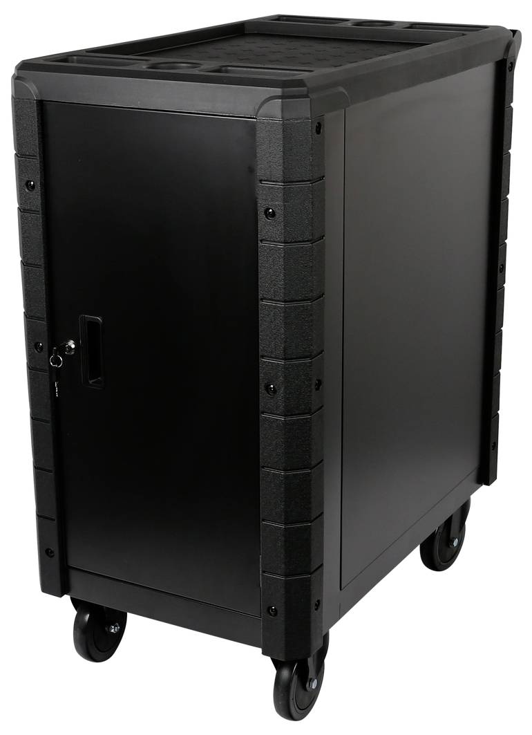 Schwarz mobiler Ladeschrank auf Rollen, verschließbar mit Türgriff, zur sicheren Aufbewahrung von elektronischen Geräten.