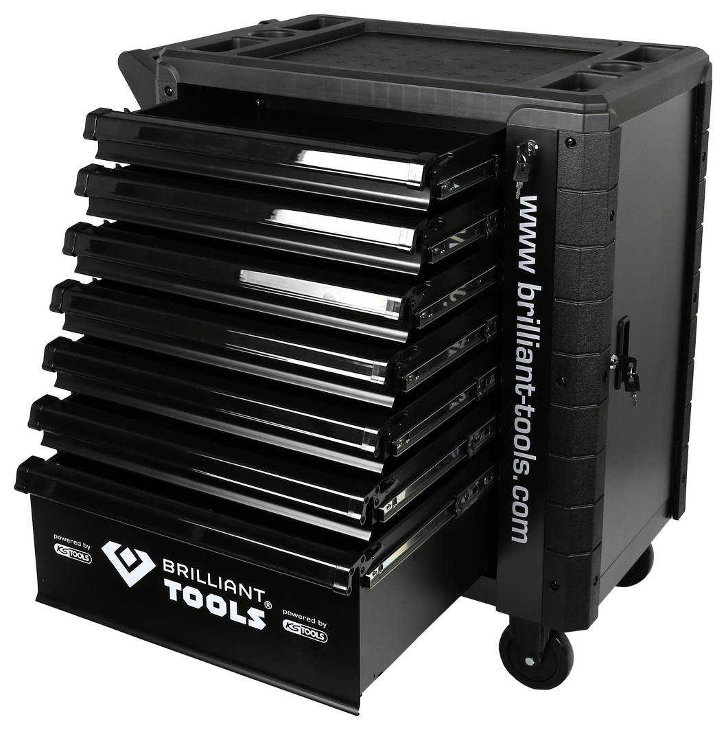 Werkzeugwagen mit acht offenen Schubladen, schwarz, mit 'Brilliant Tools' Logo an der Seite. Rollen an der Unterseite.