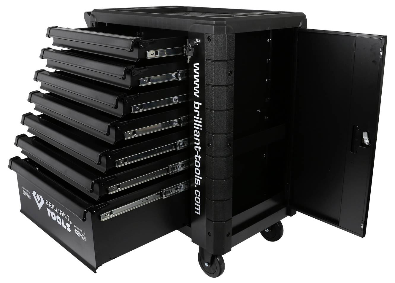 Schwarzer Werkzeugwagen mit fünf Schubladen, mit Aufschrift 'Brilliant Tools', eine geöffnete Schublade zeigt Werkzeuge.