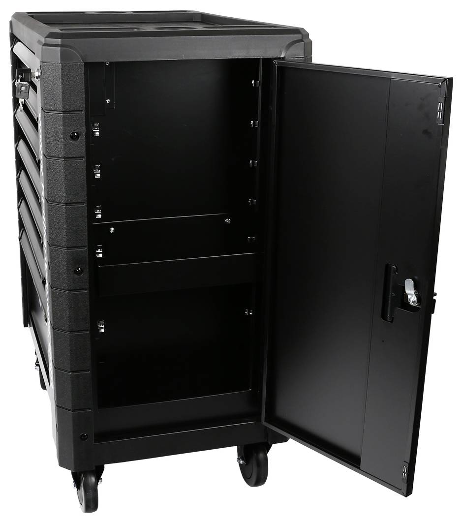Ein schwarzer Rollcontainer mit mehreren Schubladen und einer offenen Tür, geeignet für Werkzeuge oder Materialien.