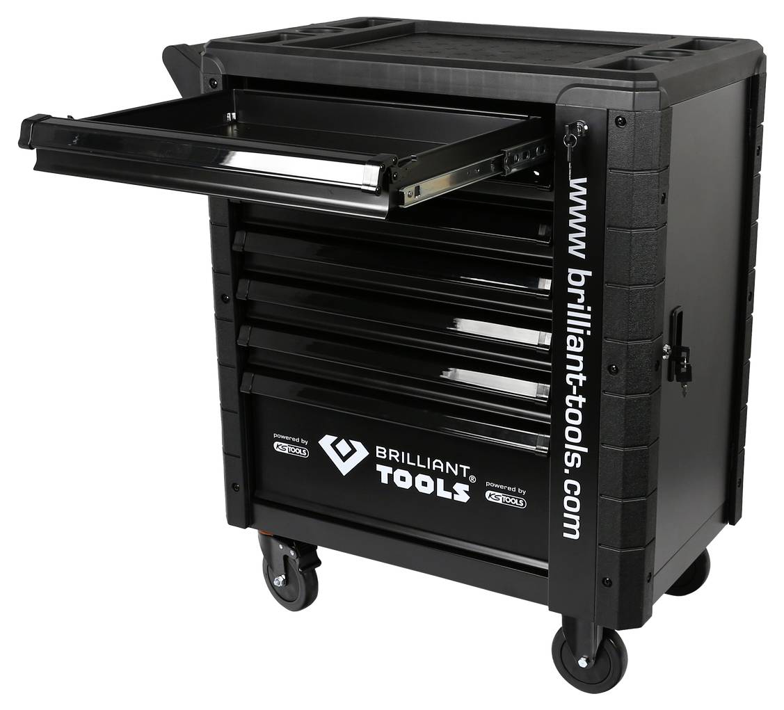 Schwarzer Werkzeugwagen mit mehreren Schubladen, teilweise geöffnet. Aufschrift: 'Brilliant Tools'. Ideal zur Werkzeugaufbewahrung.