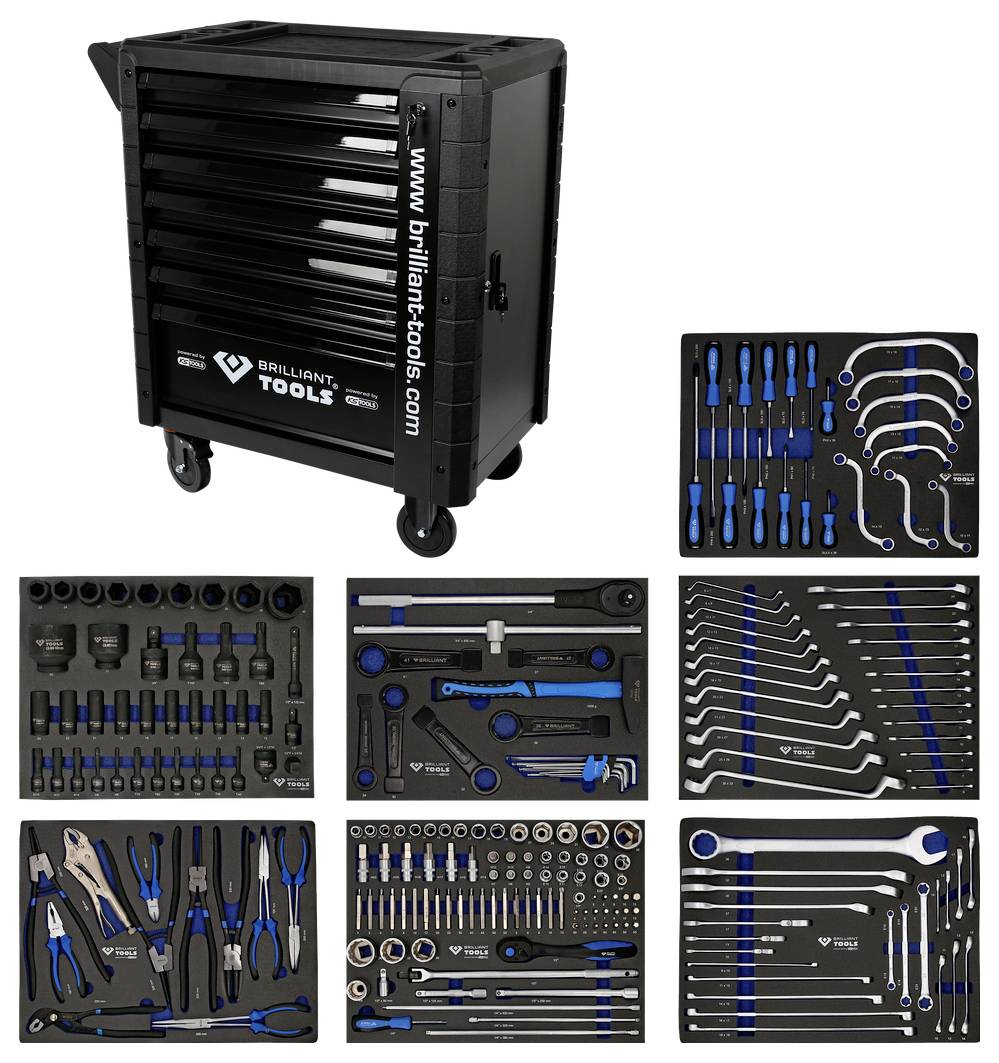 Schwarzer Werkzeugwagen mit sechs Schubladen, gefüllt mit verschiedenen Handwerkzeugen wie Schraubendreher, Zangen und Schraubenschlüssel.