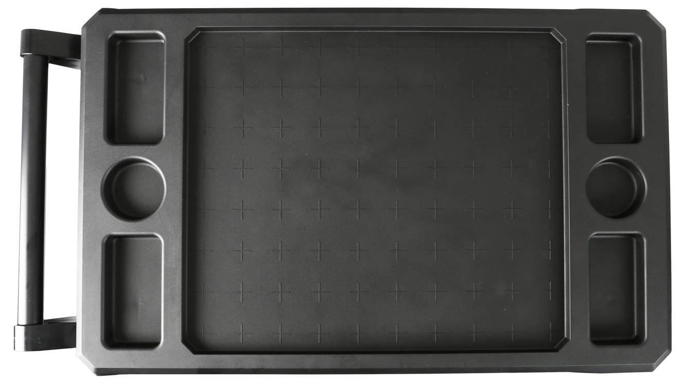 Schwarze Kunststoffablage mit mehreren rechteckigen und runden Fächern, geeignet zur Organisation von Kleinteilen oder Werkzeugen.