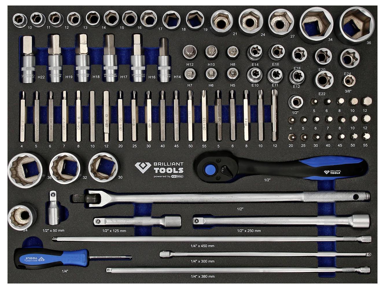 Satz Steckschlüssel und Bits in Schaumstoffeinlage, organisiert in verschiedenen Größen, inklusive Ratsche und Verlängerungen.