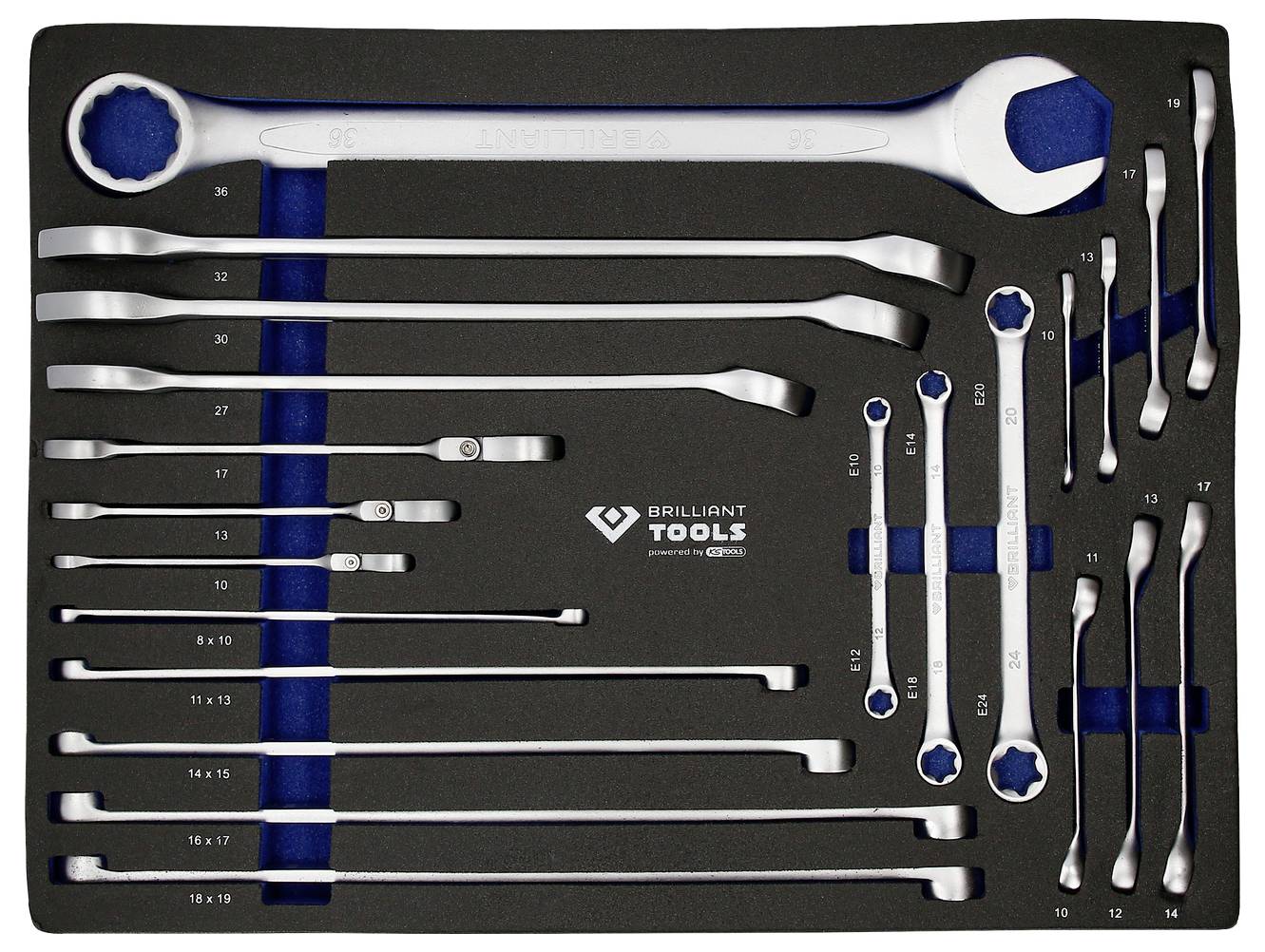 Schaumstoffeinlage mit unterschiedlichen Schraubenschlüsseln, organisiert in Fächern. Enthält Größen von 6 bis 32, Markenname sichtbar.