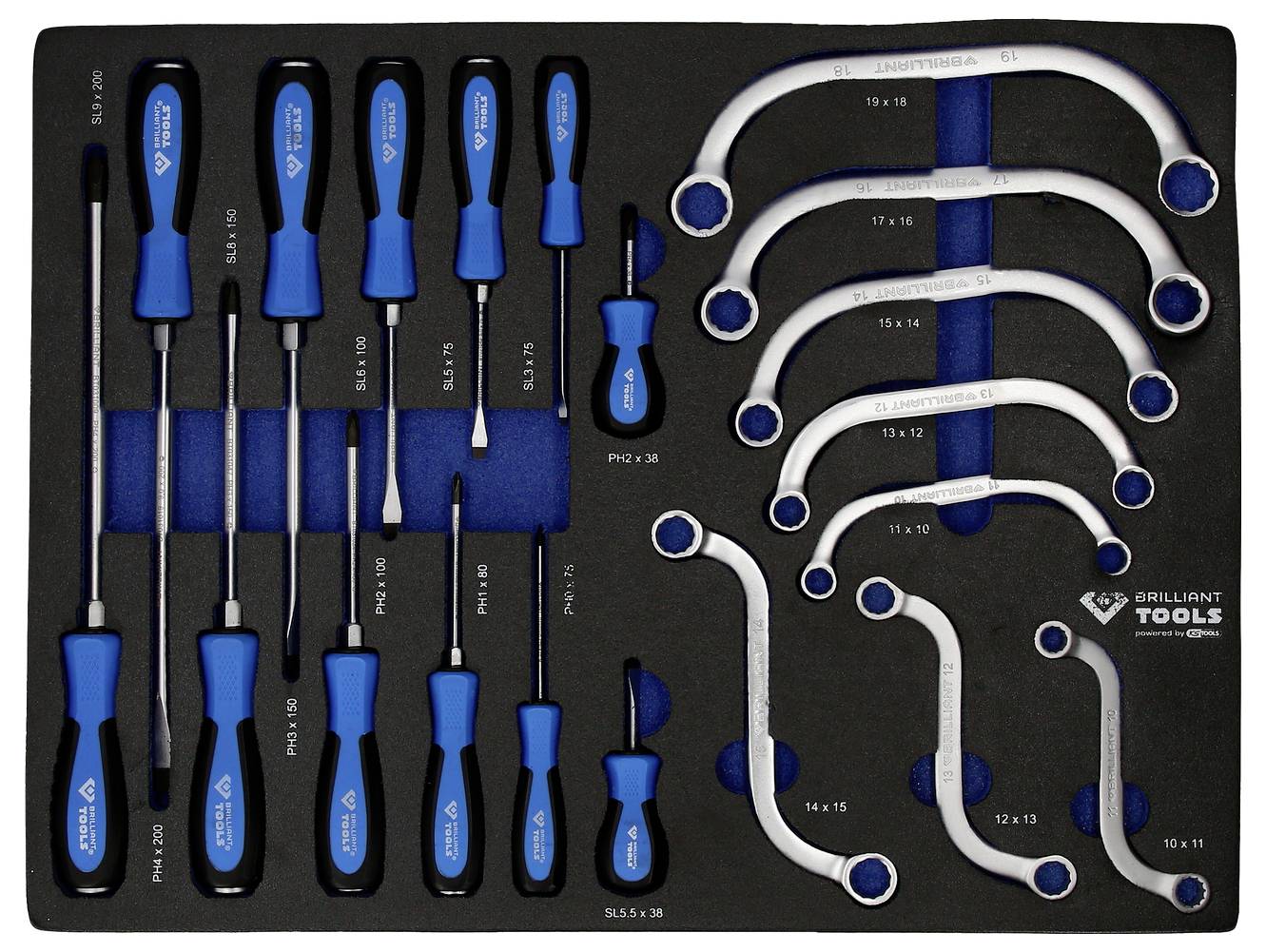 Ein Schraubendreher- und Maulschlüssel-Set mit mehreren Größen, ordentlich in einem schwarzen Einsatz angeordnet, herstellergekennzeichnet.