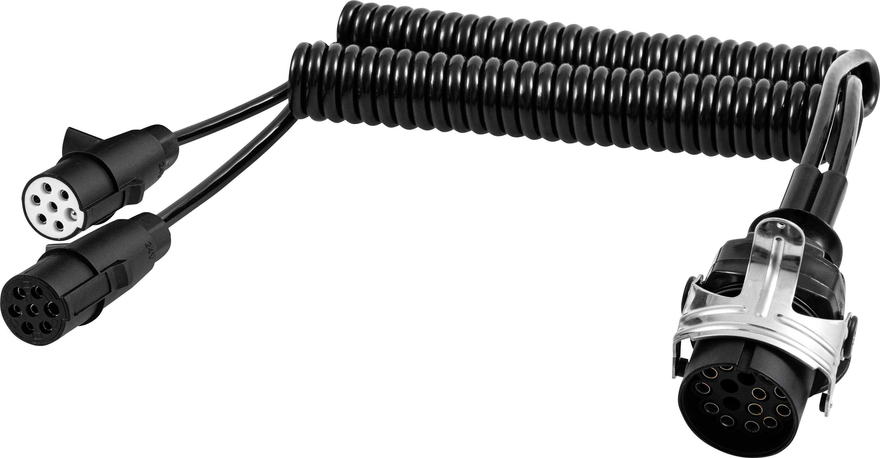 Ein schwarzes Spiralkabel mit mehreren Steckverbindern, darunter ein 13-poliger Anhängerstecker und zwei kleinere Adapter, auf weißem Hintergrund.