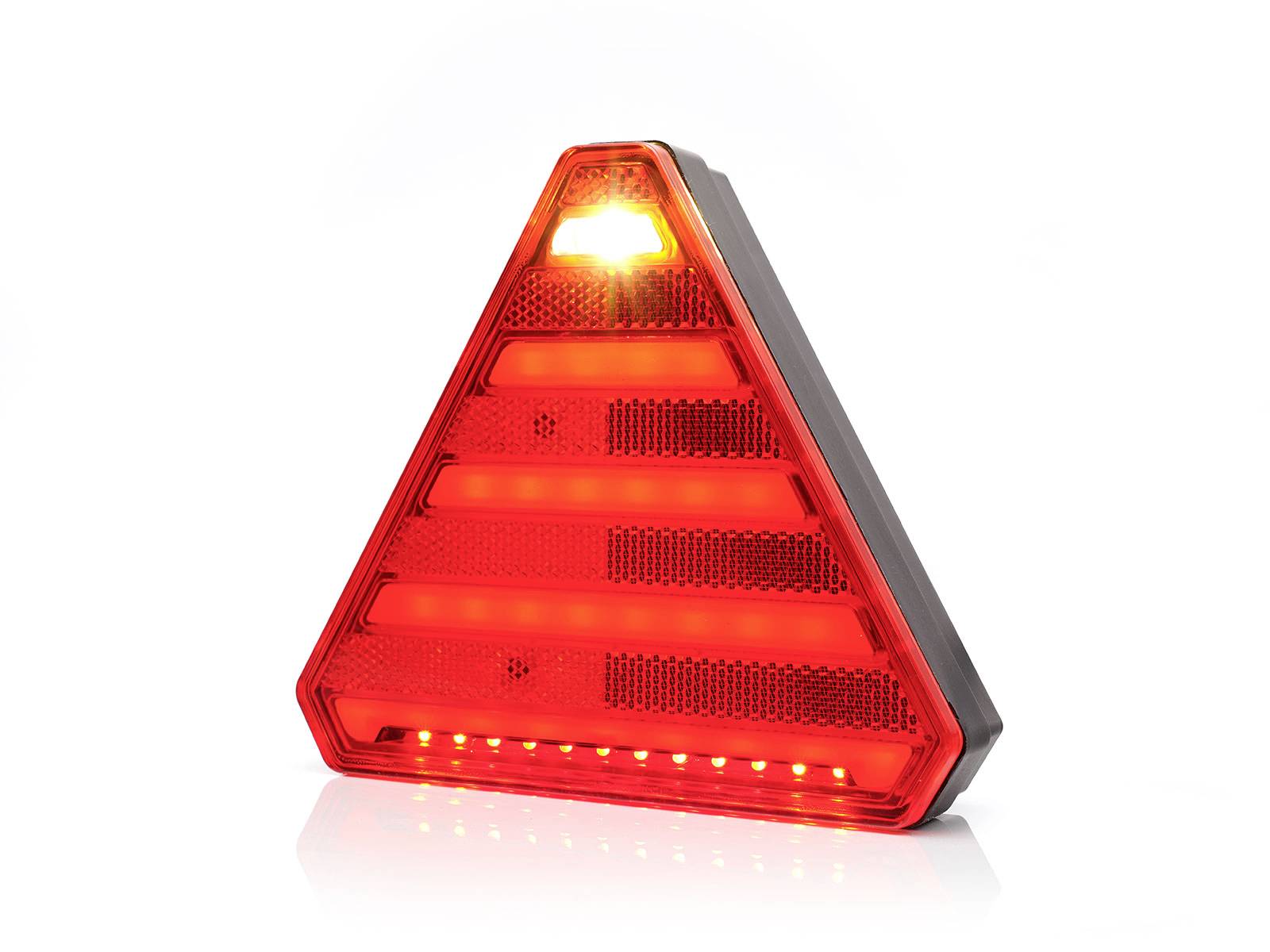 Ein rotes, leuchtendes Warndreieck mit reflektierenden Streifen und einer gelben Lampe an der Spitze, auf weißem Hintergrund.