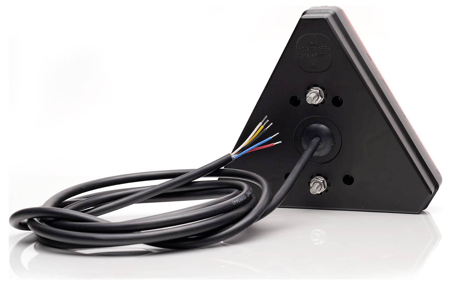 Ein dreieckiges, schwarzes LED-Licht mit Kabel, das Schrauben auf der Rückseite zeigt, möglicherweise für Fahrzeuginstallation gedacht.