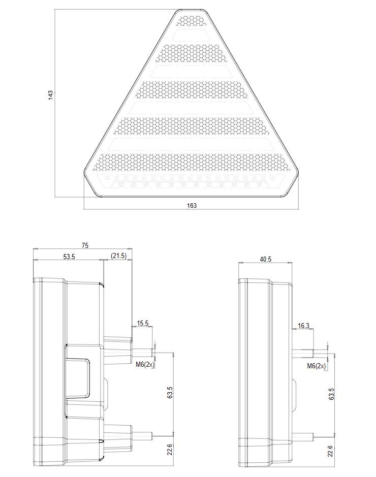Technische Zeichnung eines dreieckigen Objekts mit Maßen und Seitenansichten, zeigt genaue Dimensionen und Details des Designs.