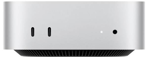 Ein silbernes, kompaktes Computergehäuse mit zwei USB-C-Ports, einer LED-Anzeige und einem Kopfhöreranschluss auf der Vorderseite.