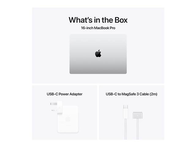 Ein MacBook Pro, USB-C-Netzteil und USB-C-auf-MagSafe-3-Kabel (2 m) werden in der Box gezeigt.