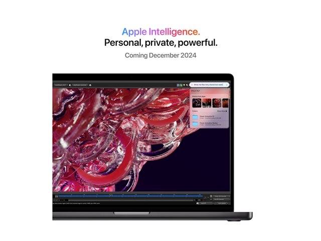 Laptop auf weißem Hintergrund zeigt ein kreatives, abstraktes Design. Text oben: 'Apple Intelligence. Personal, private, powerful. Coming December 2024.'