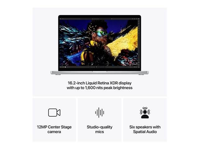 Diese Laptop-Anzeige zeigt einen 16,2-Zoll Liquid Retina XDR-Bildschirm mit bis zu 1600 nits Helligkeit, 12MP Center Stage Kamera, Studio-Mikrofone und sechs Lautsprecher mit Raumklang.