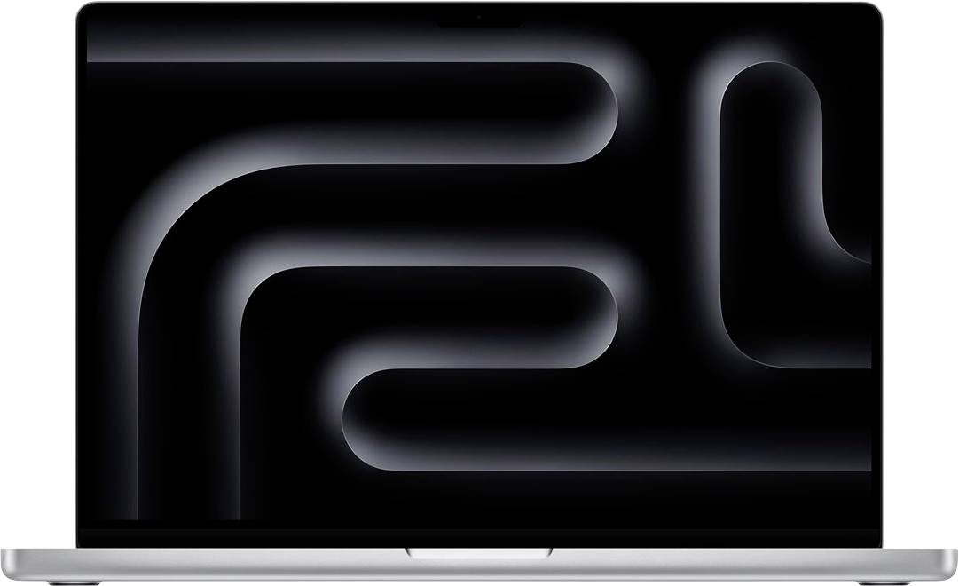 Ein Laptop mit schwarzem Bildschirm zeigt ein abstraktes, kurvenförmiges Muster in Grau- und Schwarztönen.