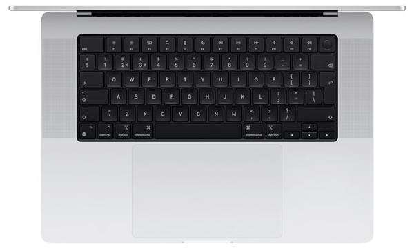 Laptop-Bild von oben, zeigt eine schwarze Tastatur mit einem integrierten Trackpad. Die Tastatur hat große Tasten mit deutlichen Buchstaben.