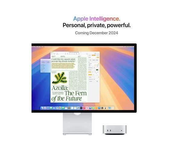 Ein Computerbildschirm zeigt eine Seite mit dem Titel 'Azolla: The Fern of the Future'. Darüber: 'Apple Intelligence. Personal, private, powerful. Coming December 2024'.